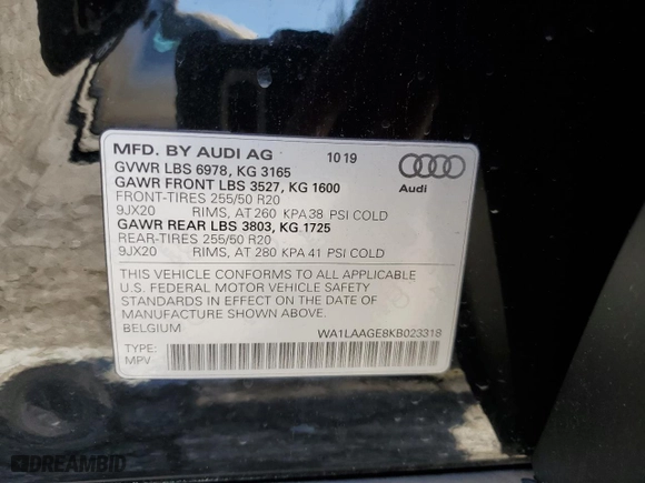 2019 Audi e-tron Premium Plus with VIN WA1LAAGE8KB023318, listed as a Copart auction lot 40812503 with 21,810 mi miles. Bid and sale history available at carsss.com. Image 13.
