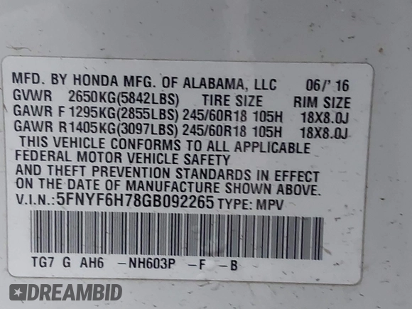 2016 Honda Pilot EX-L with VIN 5FNYF6H78GB092265, listed as a IAAI auction lot 41312700 with 52,101 mi miles. Bid and sale history available at carsss.com. Image 9.