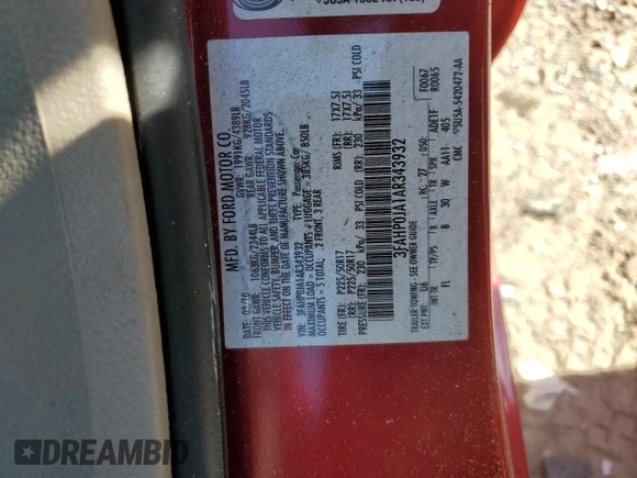 2010 Ford Fusion SEL with VIN 3FAHP0JA1AR343932, listed as a Copart auction lot 53585945 with 126,501 mi miles and Salvage Title. Bid and sale history available at DreamBid. Image 14.