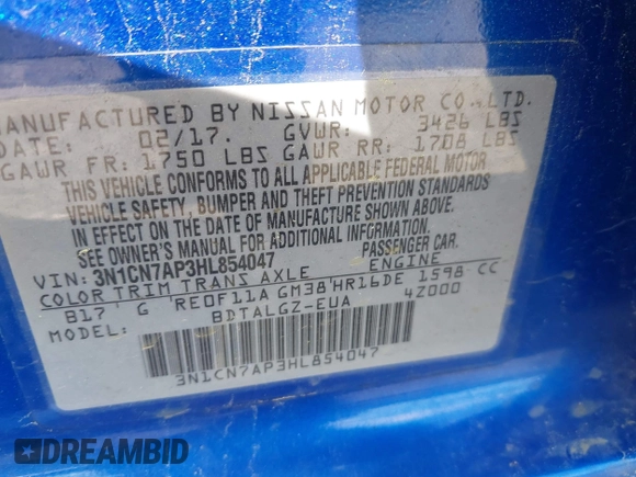 2017 Nissan Versa SL with VIN 3N1CN7AP3HL854047, listed as a IAAI auction lot 41934425 with 144,806 mi miles and . Bid and sale history available at DreamBid. Image 9.