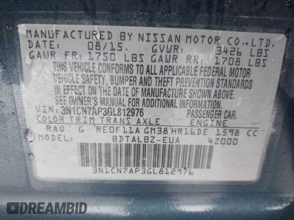 2016 Nissan Versa S with VIN 3N1CN7AP3GL812976, listed as a IAAI auction lot 41269955 with 178,968 mi miles. Bid and sale history available at carsss.com. Image 9.