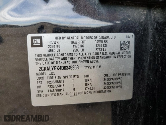 2013 GMC Terrain Denali z VIN 2GKALYEK4D6345358, wystawiony jako Copart lot #56668005 z przebiegiem 183 228 mil mil oraz Szkoda całkowita • Salvage title. Historia ofert i sprzedaży dostępna na DreamBid. Obrazek 12.