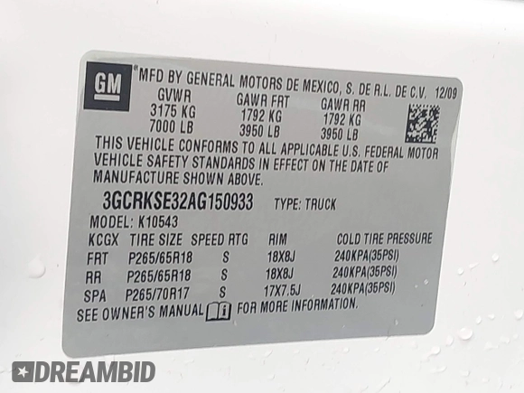 2010 Chevrolet Silverado 1500 LT with VIN 3GCRKSE32AG150933, listed as a IAAI auction lot 41721088 with 269,584 mi miles and . Bid and sale history available at DreamBid. Image 9.