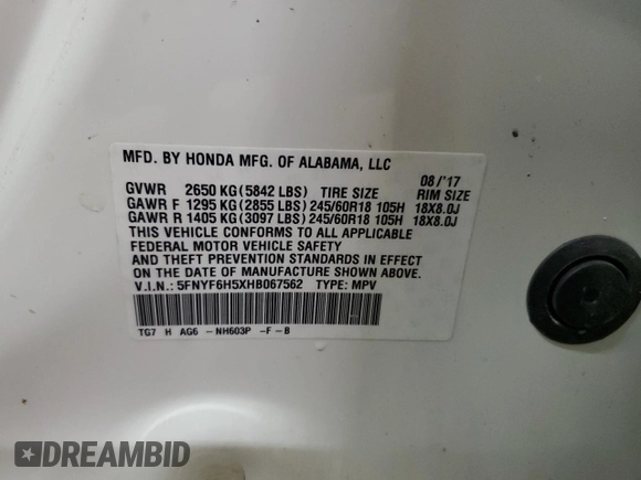 2017 Honda Pilot EX-L with VIN 5FNYF6H5XHB067562, listed as a Copart auction lot 50752245 with 110,610 mi miles and Salvage Title. Bid and sale history available at DreamBid. Image 14.