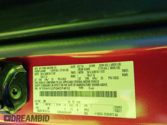 2016 Ford F-150 XL with VIN 1FTEW1CG7GKD74512, listed as a IAAI auction lot 41916657 with 54,295 mi miles and . Bid and sale history available at DreamBid. Image 9.