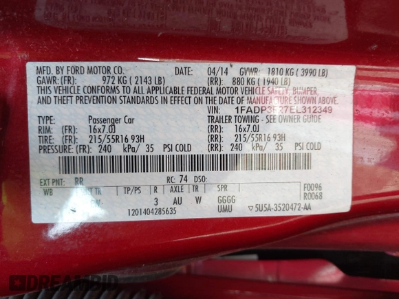 2014 Ford Focus SE with VIN 1FADP3F27EL312349, listed as a IAAI auction lot 42121230 with 80,737 mi miles and . Bid and sale history available at DreamBid. Image 9.