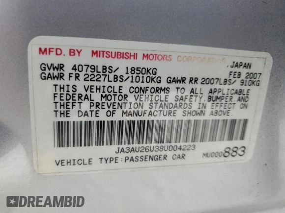 2008 Mitsubishi Lancer DE with VIN JA3AU26U38U004223, listed as a Copart auction lot 72788284 with 126,109 mi miles and Salvage Title. Bid and sale history available at carsss.com. Image 12.