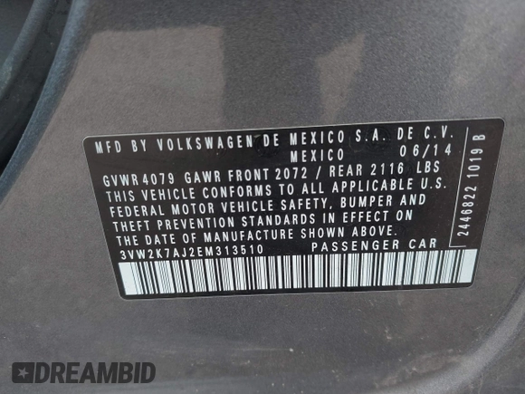2014 Volkswagen Jetta S z VIN 3VW2K7AJ2EM313510, wystawiony jako IAAI lot #42334212 z przebiegiem 180 245 mil mil oraz . Historia ofert i sprzedaży dostępna na DreamBid. Obrazek 9.