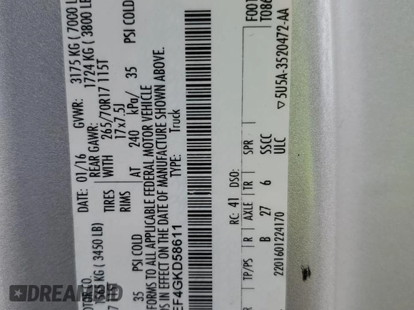 2016 Ford F-150 XLT with VIN 1FTEX1EF4GKD58611, listed as a Copart auction lot 59477825 with 196,844 mi miles and Salvage title. Bid and sale history available at DreamBid. Image 12.