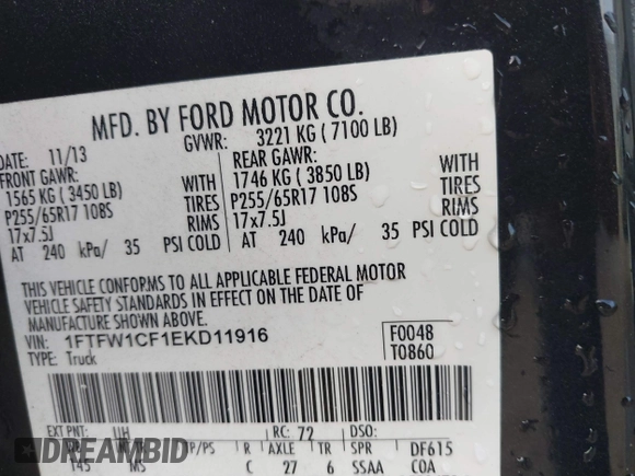 2014 Ford F-150 XL with VIN 1FTFW1CF1EKD11916, listed as a IAAI auction lot 41760535 with 137,271 mi miles. Bid and sale history available at carsss.com. Image 9.