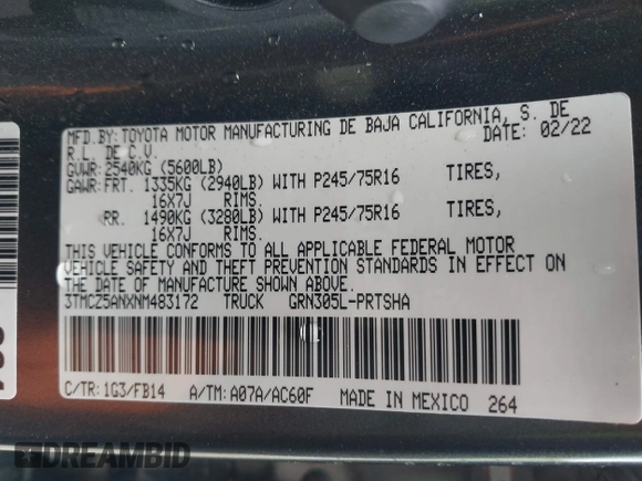 2022 Toyota Tacoma SR with VIN 3TMCZ5ANXNM483172, listed as a IAAI auction lot 42078035 with 36,088 mi miles and . Bid and sale history available at DreamBid. Image 9.