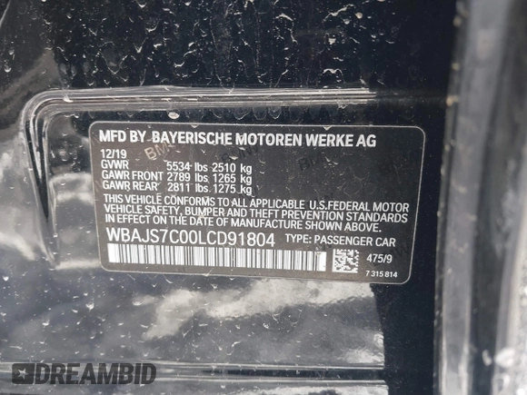 2020 BMW 5 Series M550i xDrive with VIN WBAJS7C00LCD91804, listed as a IAAI auction lot 41590368 with Not provided miles and . Bid and sale history available at DreamBid. Image 9.