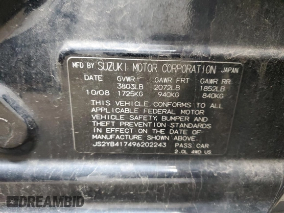 2009 Suzuki SX4 Touring AWD with VIN JS2YB417496202243, listed as a Copart auction lot 53842055 with 70,544 mi miles and Salvage Title. Bid and sale history available at DreamBid. Image 12.