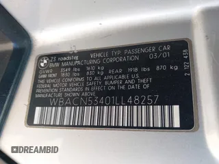 2001 BMW Z3 3.0 с VIN WBACN53401LL48257, выставлен на аукционе IAAI как лот 42386916 с пробегом 161 737 миль миль и . История ставок и продаж доступна на DreamBid. Изображение 9.