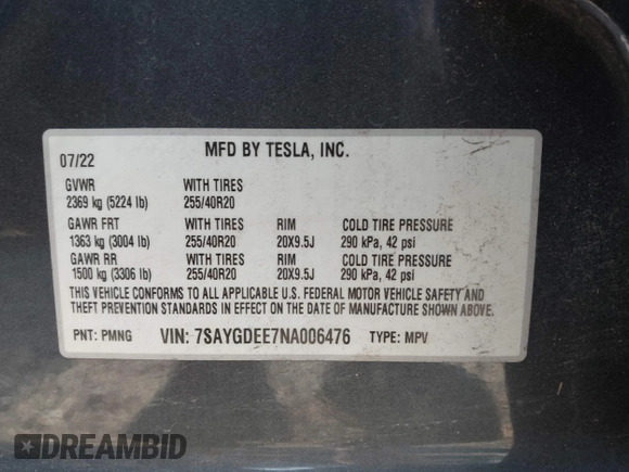 2022 Tesla Model Y Long Range z VIN 7SAYGDEE7NA006476, wystawiony jako IAAI lot #41894606 z przebiegiem 63 380 mil mil oraz . Historia ofert i sprzedaży dostępna na DreamBid. Obrazek 9.