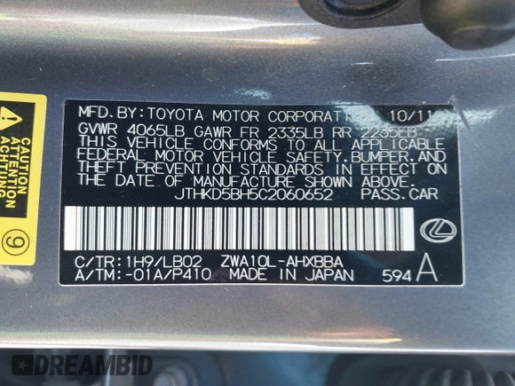 2012 Lexus CT 200h with VIN JTHKD5BH5C2060652, listed as a IAAI auction lot 42634101 with 163,864 mi miles and . Bid and sale history available at DreamBid. Image 9.