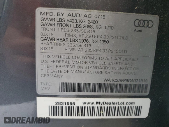 2016 Audi Q5 Premium with VIN WA1C2AFP6GA021919, listed as a Copart auction lot 52882585 with 96,291 mi miles and Clean Title. Bid and sale history available at carsss.com. Image 13.