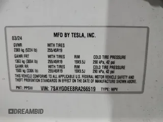 2024 Tesla Model Y Long Range с VIN 7SAYGDEE8RA266519, выставлен на аукционе Copart как лот 60899095 с пробегом Не указан миль и Списание • Salvage title. История ставок и продаж доступна на DreamBid. Изображение 13.