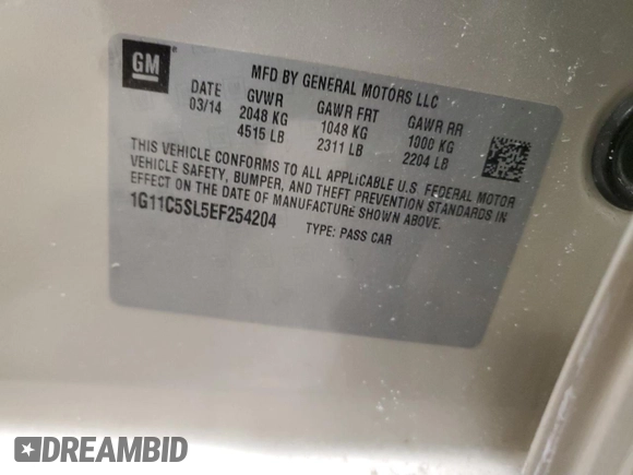 2014 Chevrolet Malibu LT with VIN 1G11C5SL5EF254204, listed as a Copart auction lot 47433825 with 130,195 mi miles and Non Repairable. Bid and sale history available at DreamBid. Image 12.