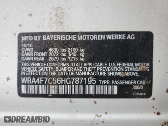 2017 BMW 4 Series 430i with VIN WBA4F7C56HG787195, listed as a Copart auction lot 62080725 with 72,713 mi miles and Non repairable. Bid and sale history available at DreamBid. Image 13.