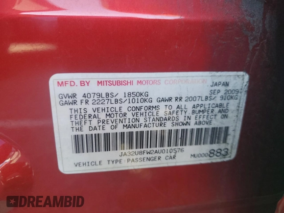 2010 Mitsubishi Lancer GTS with VIN JA32U8FW2AU010576, listed as a Copart auction lot 81157694 with 192,817 mi miles and Salvage Title. Bid and sale history available at DreamBid. Image 12.