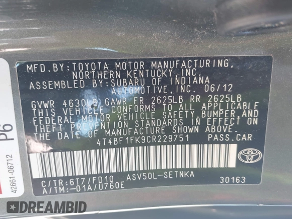 2012 Toyota Camry L z VIN 4T4BF1FK9CR229751, wystawiony jako IAAI lot #42190311 z przebiegiem 105 955 mil mil oraz . Historia ofert i sprzedaży dostępna na DreamBid. Obrazek 9.
