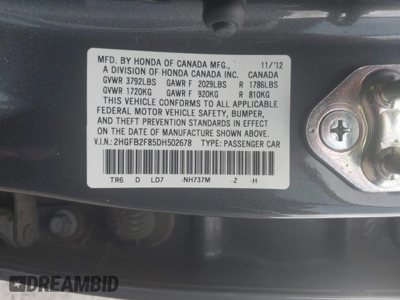 2013 Honda Civic EX with VIN 2HGFB2F85DH502678, listed as a IAAI auction lot 42051851 with 173,520 mi miles and . Bid and sale history available at DreamBid. Image 9.