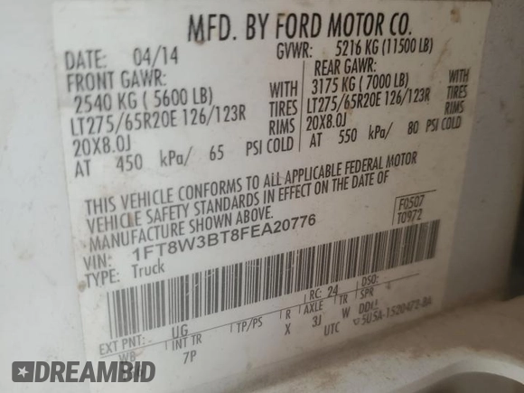 2015 Ford F-350 Platinum с VIN 1FT8W3BT8FEA20776, выставлен на аукционе Copart как лот 50872225 с пробегом 217 559 миль миль и Списание • Salvage title. История ставок и продаж доступна на DreamBid. Изображение 14.