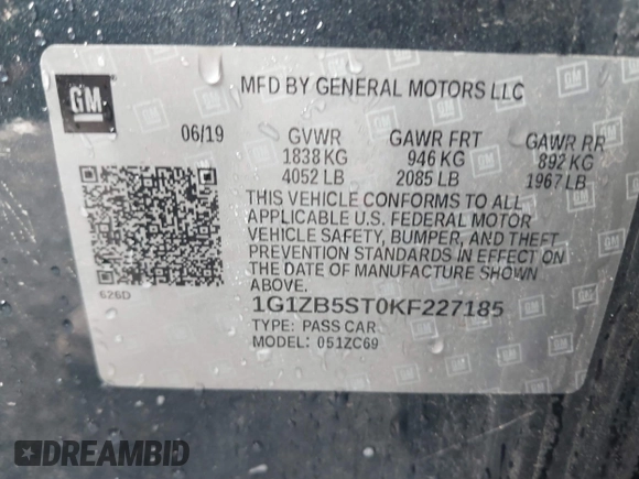 2019 Chevrolet Malibu LS with VIN 1G1ZB5ST0KF227185, listed as a IAAI auction lot 41699962 with 62,714 mi miles and . Bid and sale history available at DreamBid. Image 9.