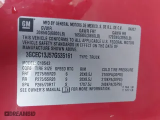 2007 Chevrolet Silverado 1500 LT w/1LT with VIN 3GCEC13J57G535161, listed as a IAAI auction lot 41282921 with 1 mi miles. Bid and sale history available at carsss.com. Image 9.