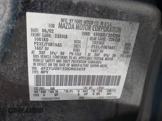 2002 Mazda Tribute LX with VIN 4F2YU08152KM63439, listed as a IAAI auction lot 42108181 with 146,428 mi miles and . Bid and sale history available at carsss.com. Image 9.