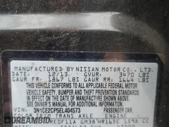 2014 Nissan Note S with VIN 3N1CE2CP5EL404573, listed as a Copart auction lot 62859935 with 123,786 mi miles and Clean title. Bid and sale history available at DreamBid. Image 12.
