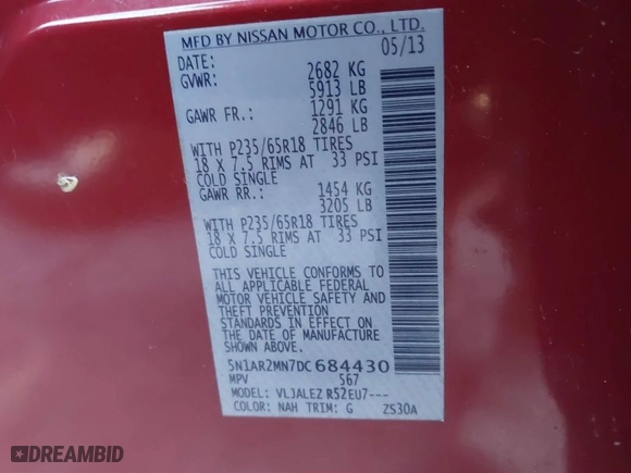 2013 Nissan Pathfinder SL with VIN 5N1AR2MN7DC684430, listed as a IAAI auction lot 41687480 with 178,604 mi miles. Bid and sale history available at carsss.com. Image 9.