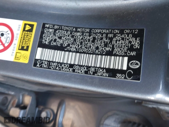 2013 Lexus ES 250 with VIN JTHBK1GG9D2018212, listed as a IAAI auction lot 41339237 with 175,842 mi miles and . Bid and sale history available at DreamBid. Image 9.
