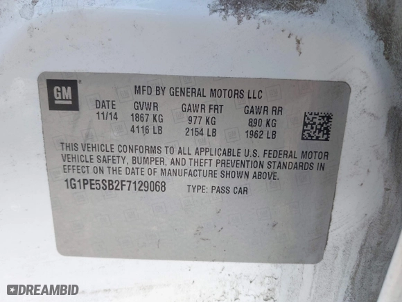 2015 Chevrolet Cruze LT with VIN 1G1PE5SB2F7129068, listed as a IAAI auction lot 42004347 with 98,220 mi miles. Bid and sale history available at carsss.com. Image 9.