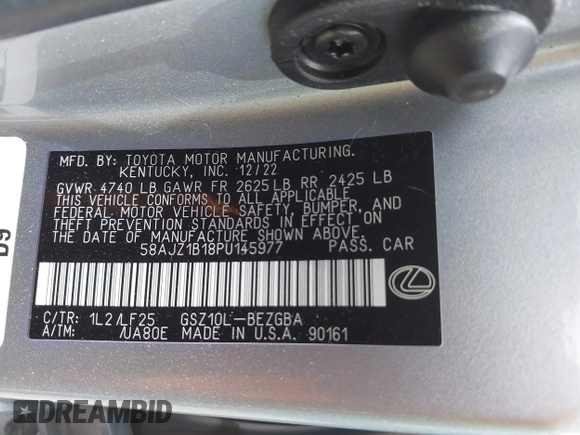 2023 Lexus ES 350 F Sport with VIN 58AJZ1B18PU145977, listed as a IAAI auction lot 42553099 with 46,801 mi miles and . Bid and sale history available at DreamBid. Image 9.
