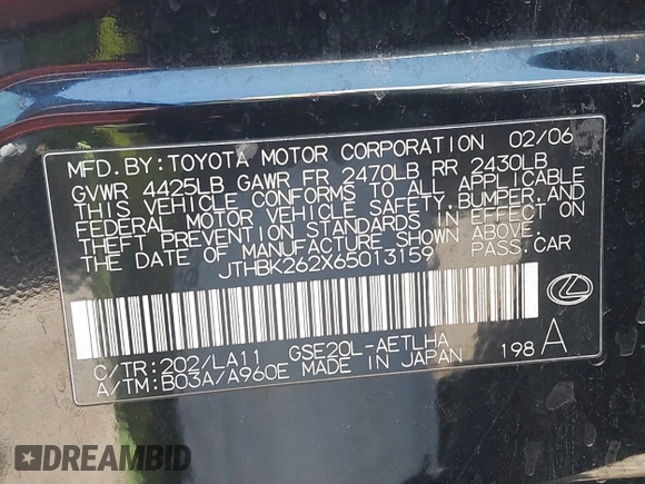 2006 Lexus IS 250 with VIN JTHBK262X65013159, listed as a IAAI auction lot 42360207 with 163,427 mi miles and . Bid and sale history available at DreamBid. Image 9.