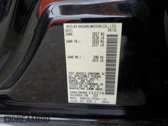 2016 Nissan Altima S with VIN 1N4AL3AP4GC212276, listed as a Copart auction lot 62820095 with 159,720 mi miles and Salvage title. Bid and sale history available at DreamBid. Image 13.