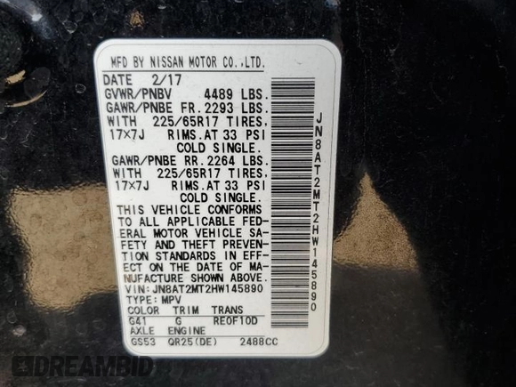 2017 Nissan Rogue SV with VIN JN8AT2MT2HW145890, listed as a Copart auction lot 58528055 with 89,071 mi miles and Salvage title. Bid and sale history available at DreamBid. Image 14.