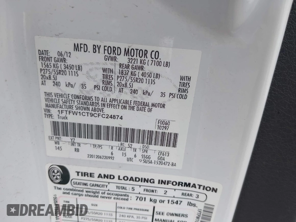 2012 Ford F-150 XL with VIN 1FTFW1CT9CFC24874, listed as a IAAI auction lot 41604316 with 173,526 mi miles. Bid and sale history available at carsss.com. Image 9.