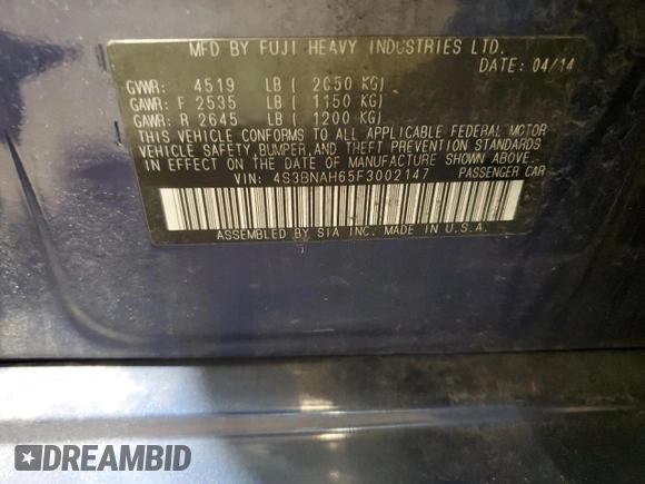 2015 Subaru Legacy Premium with VIN 4S3BNAH65F3002147, listed as a Copart auction lot 62460985 with 105,561 mi miles and Salvage title. Bid and sale history available at DreamBid. Image 12.
