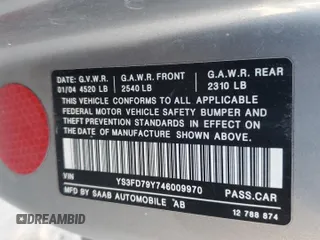 2004 Saab 9-3 Arc z VIN YS3FD79Y746009970, wystawiony jako Copart lot #87085714 z przebiegiem 284 982 mil mil oraz Tytuł czysty. Historia ofert i sprzedaży dostępna na DreamBid. Obrazek 12.