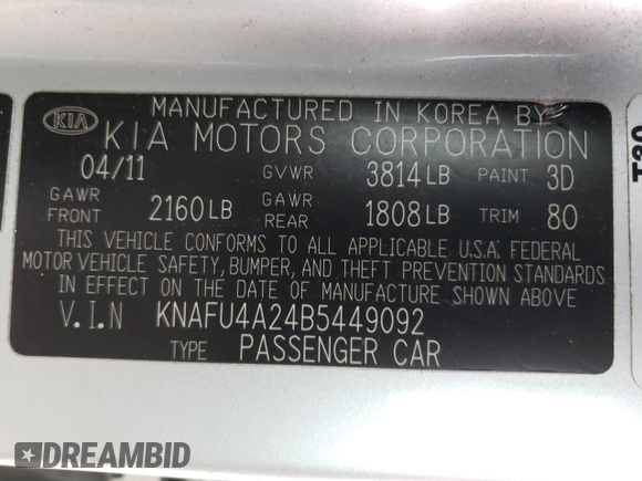 2011 Kia Forte EX with VIN KNAFU4A24B5449092, listed as a Copart auction lot 61679584 with 129,196 mi miles and Non Repairable. Bid and sale history available at carsss.com. Image 12.