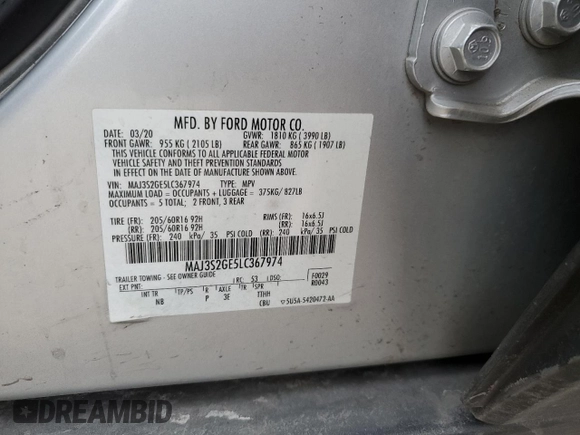 2020 Ford EcoSport SE z VIN MAJ3S2GE5LC367974, wystawiony jako Copart lot #47591935 z przebiegiem 71 708 mil mil oraz Szkoda całkowita • Salvage title. Historia ofert i sprzedaży dostępna na DreamBid. Obrazek 16.