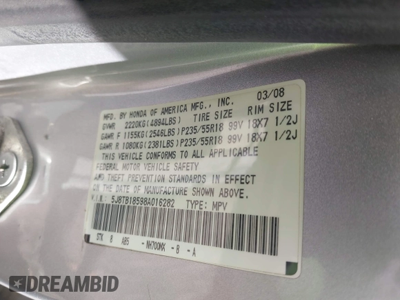 2008 Acura RDX Technology with VIN 5J8TB18598A016282, listed as a IAAI auction lot 42199332 with 183,100 mi miles and . Bid and sale history available at carsss.com. Image 9.