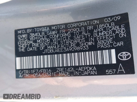 2010 Toyota Corolla with VIN JTDBU4EE3A9098933, listed as a IAAI auction lot 41643811 with 69,806 mi miles. Bid and sale history available at carsss.com. Image 9.