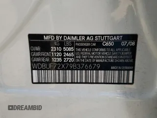 2009 Mercedes-Benz E-Class Sport 5.5L with VIN WDBUF72X79B376679, listed as a Copart auction lot 87035824 with 0 mi miles and Salvage Title. Bid and sale history available at carsss.com. Image 12.