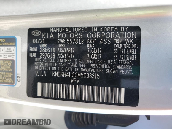 2021 Kia Sorento EX with VIN KNDRH4LG0M5033315, listed as a Copart auction lot 47293725 with 50,214 mi miles and Salvage title. Bid and sale history available at DreamBid. Image 13.