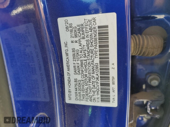 2020 Honda Accord Sport with VIN 1HGCV1F34LA123953, listed as a Copart auction lot 59632755 with 93,696 mi miles and Salvage title. Bid and sale history available at DreamBid. Image 12.