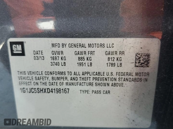 2013 Chevrolet Sonic LT with VIN 1G1JC5SHXD4198167, listed as a Copart auction lot 44758085 with 103,449 mi miles and Salvage Title. Bid and sale history available at DreamBid. Image 12.